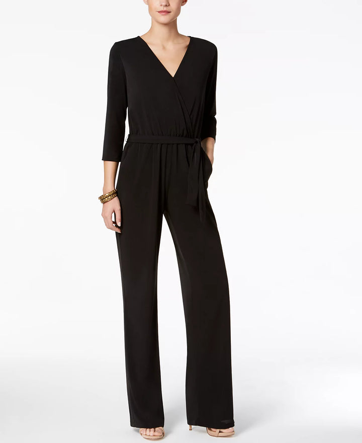 NY Collection 3/4 Sleeve Belted Wide Leg Jumpsuit