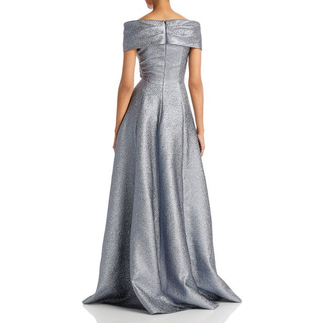 Teri Jon by Rickie Freeman Off-the-Shoulder Metallic Jacquard Gown