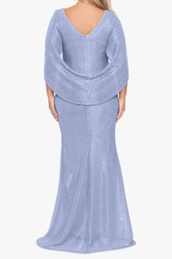 Betsy & Adam Crinkled Metallic Drape Back Gown