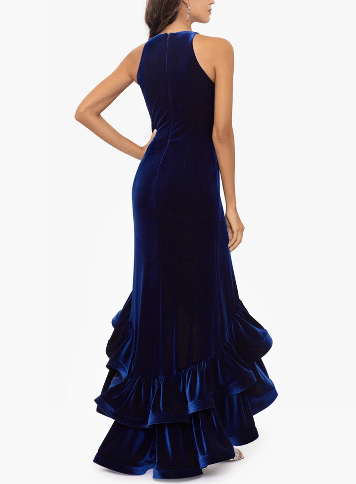 Betsy & Adam Ruffled Velvet Halter Gown