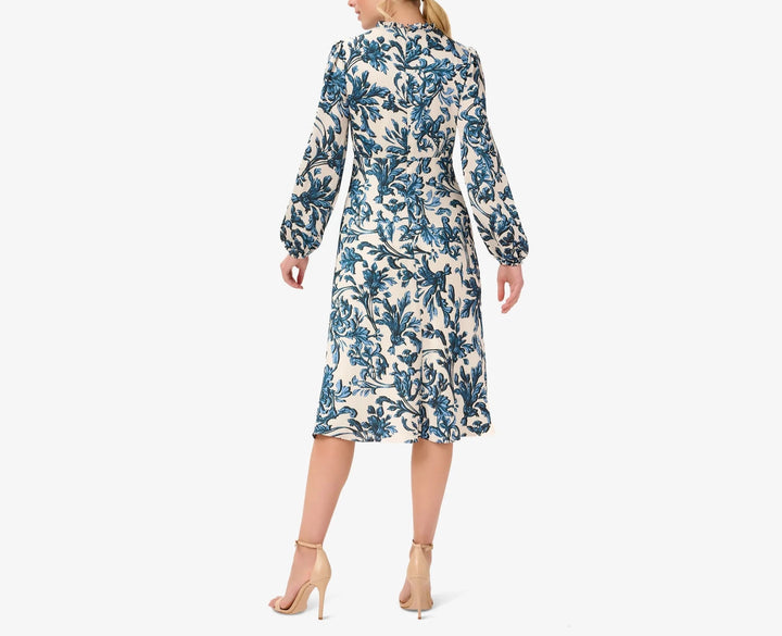 Adrianna Papell Long Sleeve Printed Empire Waist Dress With Tie Neck