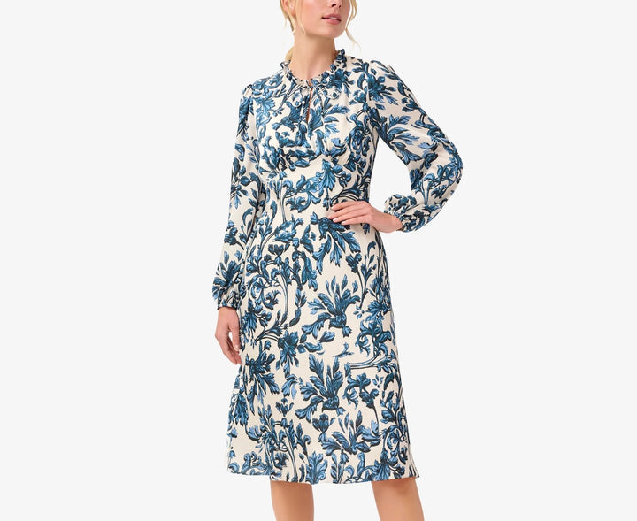 Adrianna Papell Long Sleeve Printed Empire Waist Dress With Tie Neck