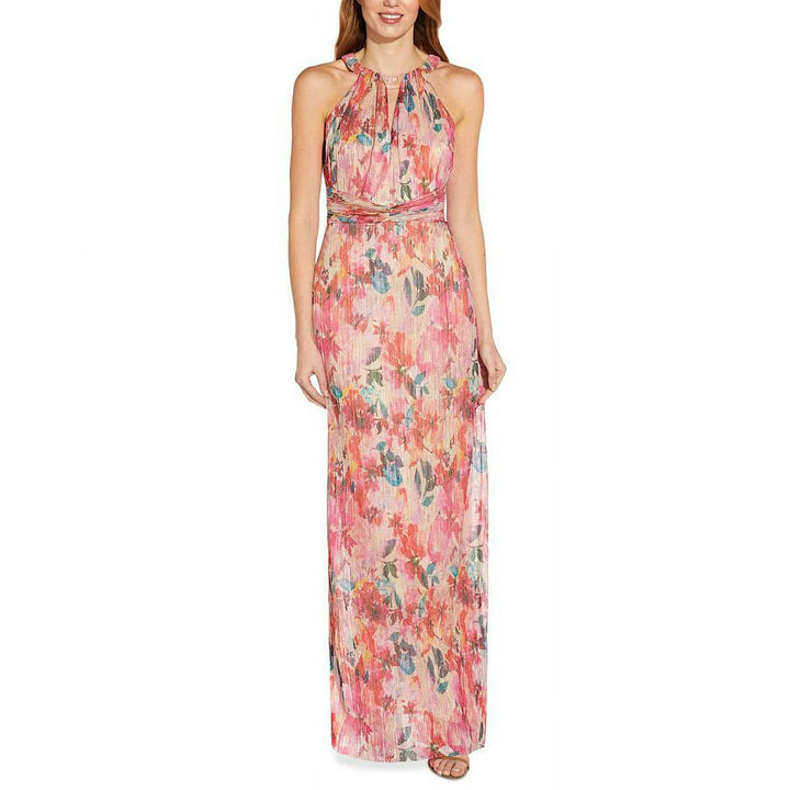 Adrianna Papell Metallic Floral Pleated Gown