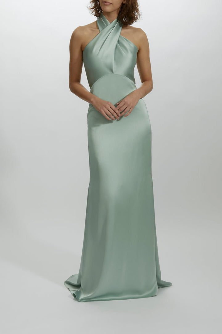 Amsale Satin Crisscross Halter Empire Gown