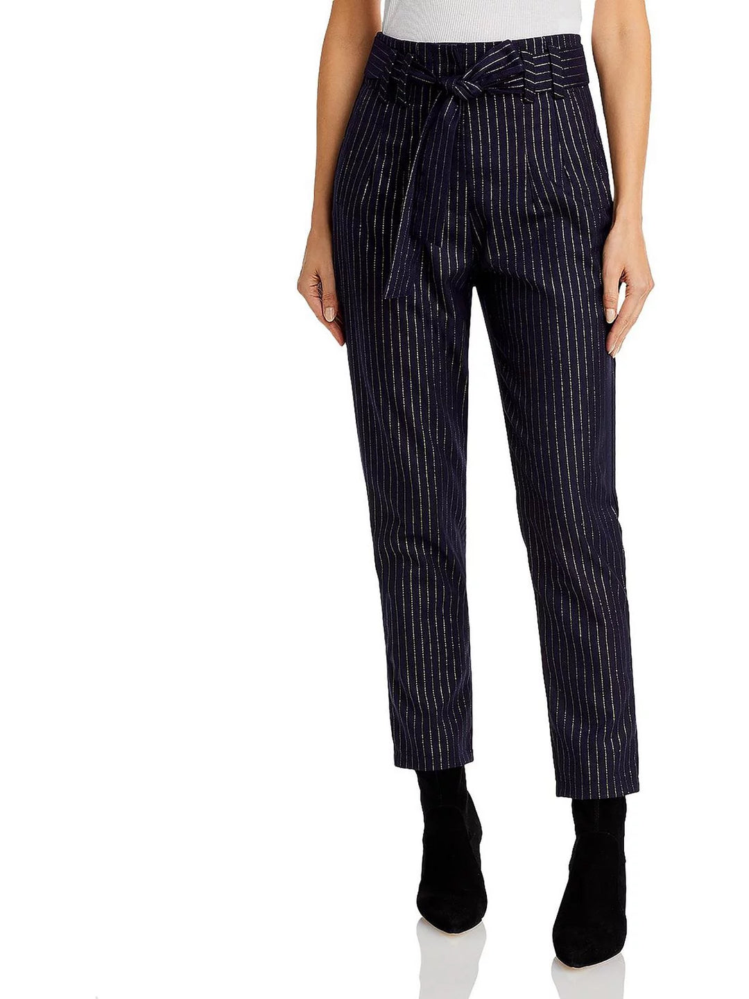 AQUA Tie Waist Metalllic Pinstripe Pants