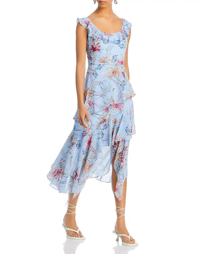 BCBGMAXAZRIA Asymmetric Tiered Midi Dress