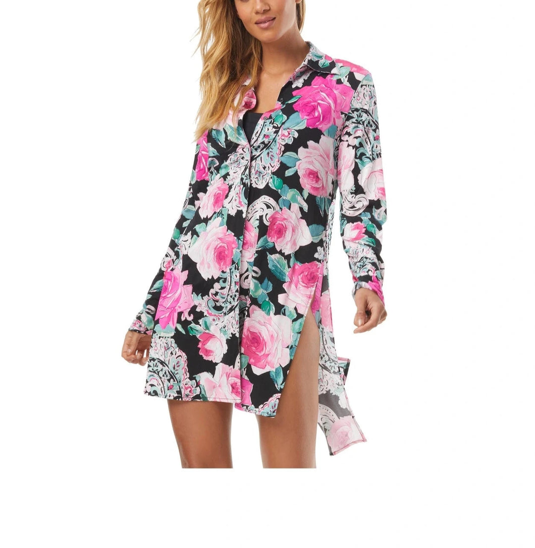 Carmen Marc Valvo Floral-Print Convertible Tie-Front Midi Shirt Cover-Up