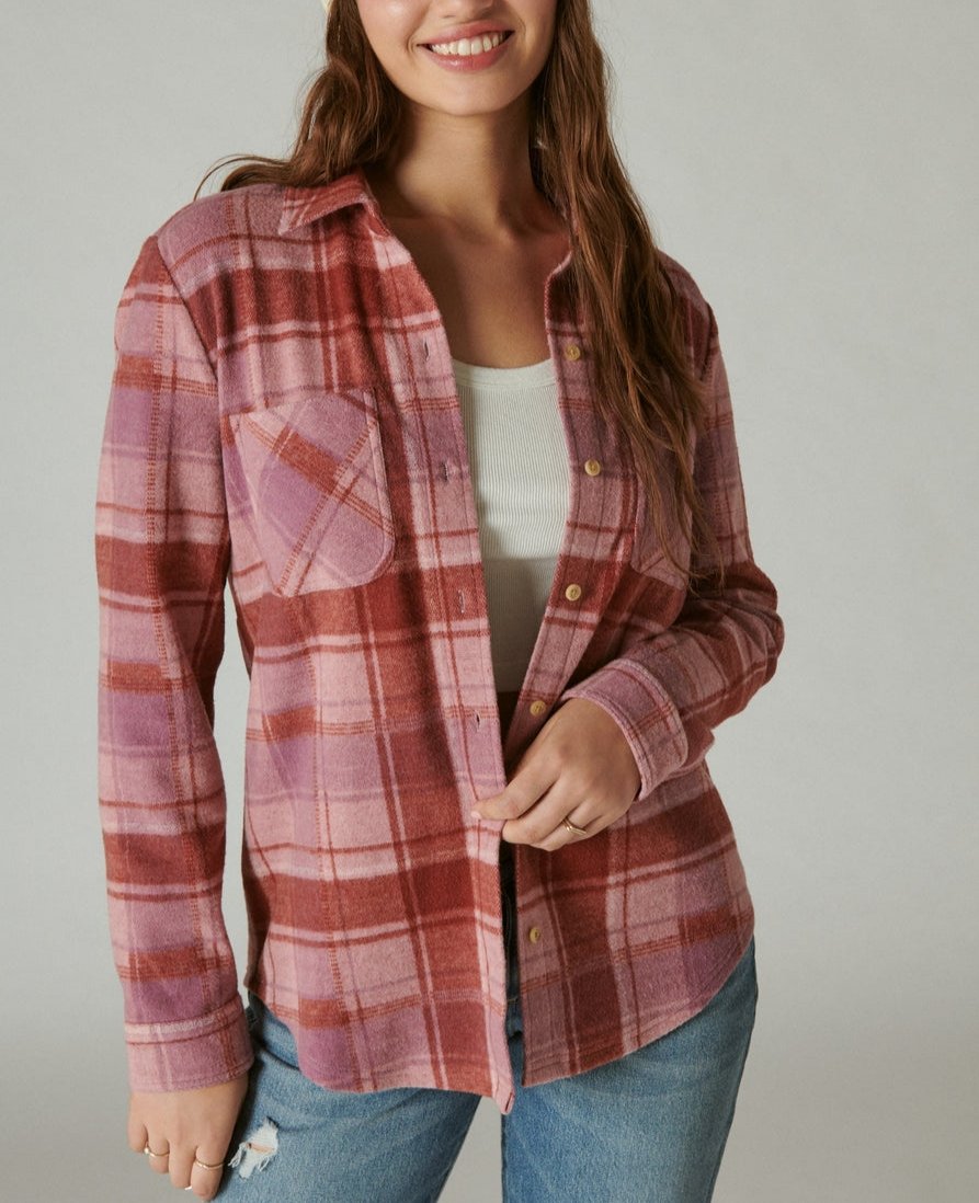 Lucky Brand Cozy Plaid Knit Shirt Jacket