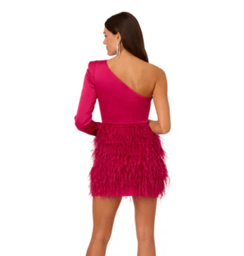 Liv Foster Satin One Shoulder Long Sleeve Dress With Feather Skirt In Rich Magenta