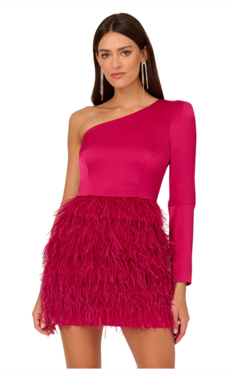 Liv Foster Satin One Shoulder Long Sleeve Dress With Feather Skirt In Rich Magenta