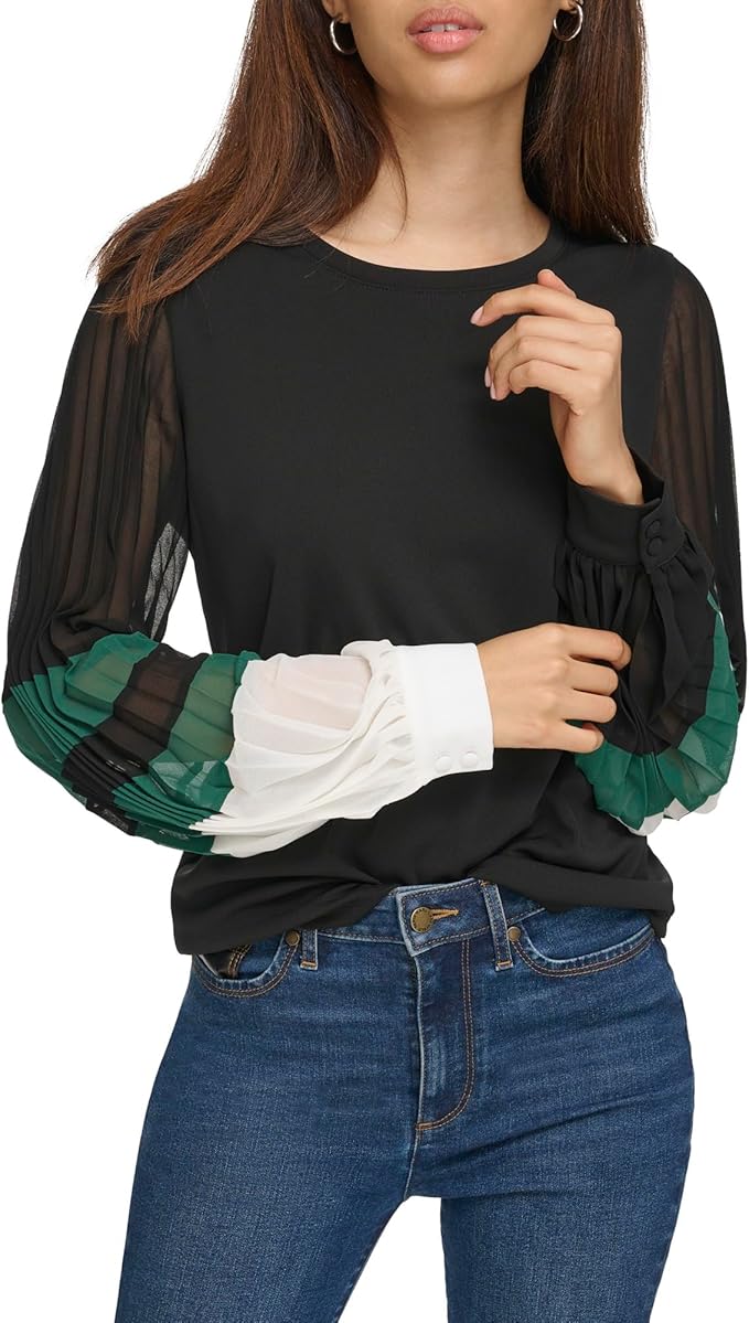 KARL LAGERFELD PARIS Women's Colorblocked Sheer-Sleeve Top