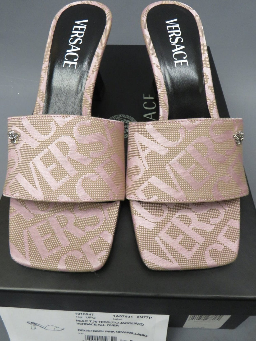 Versace Logo Flare Heel Mule Sandals