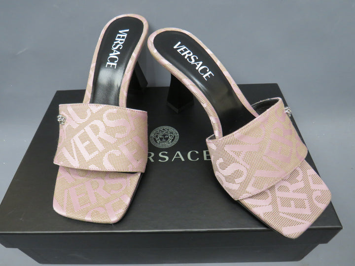 Versace Logo Flare Heel Mule Sandals