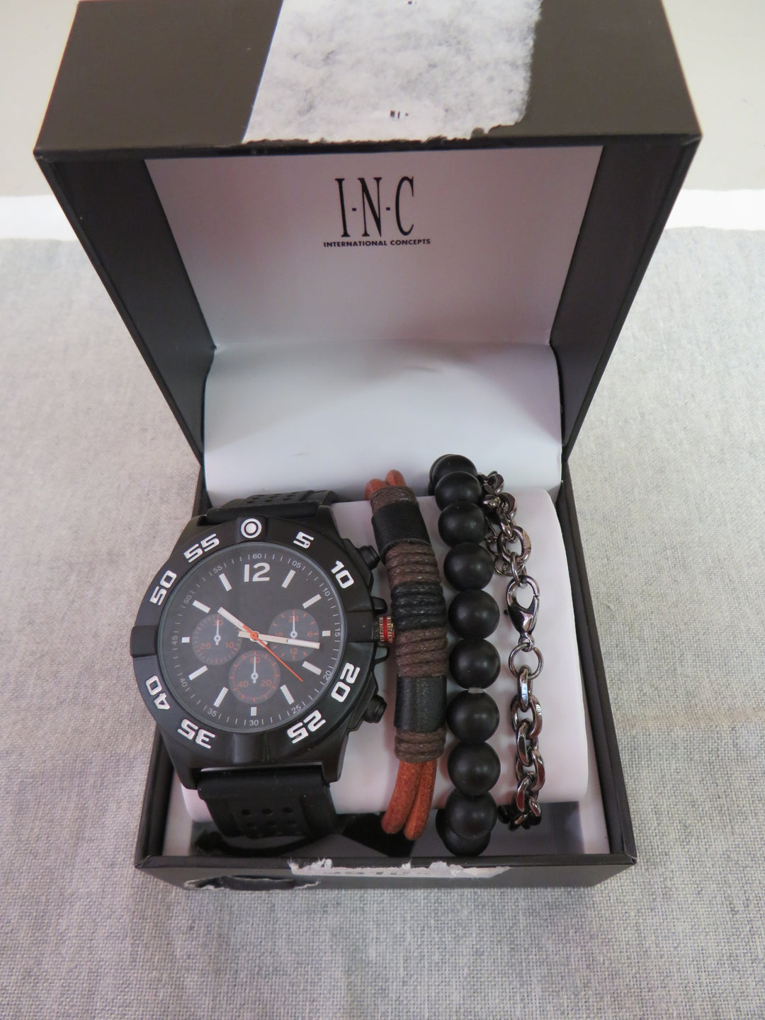 I.N.C. International Concepts Men's Black Perforated Silicone Strap Watch 49mm Gift Set