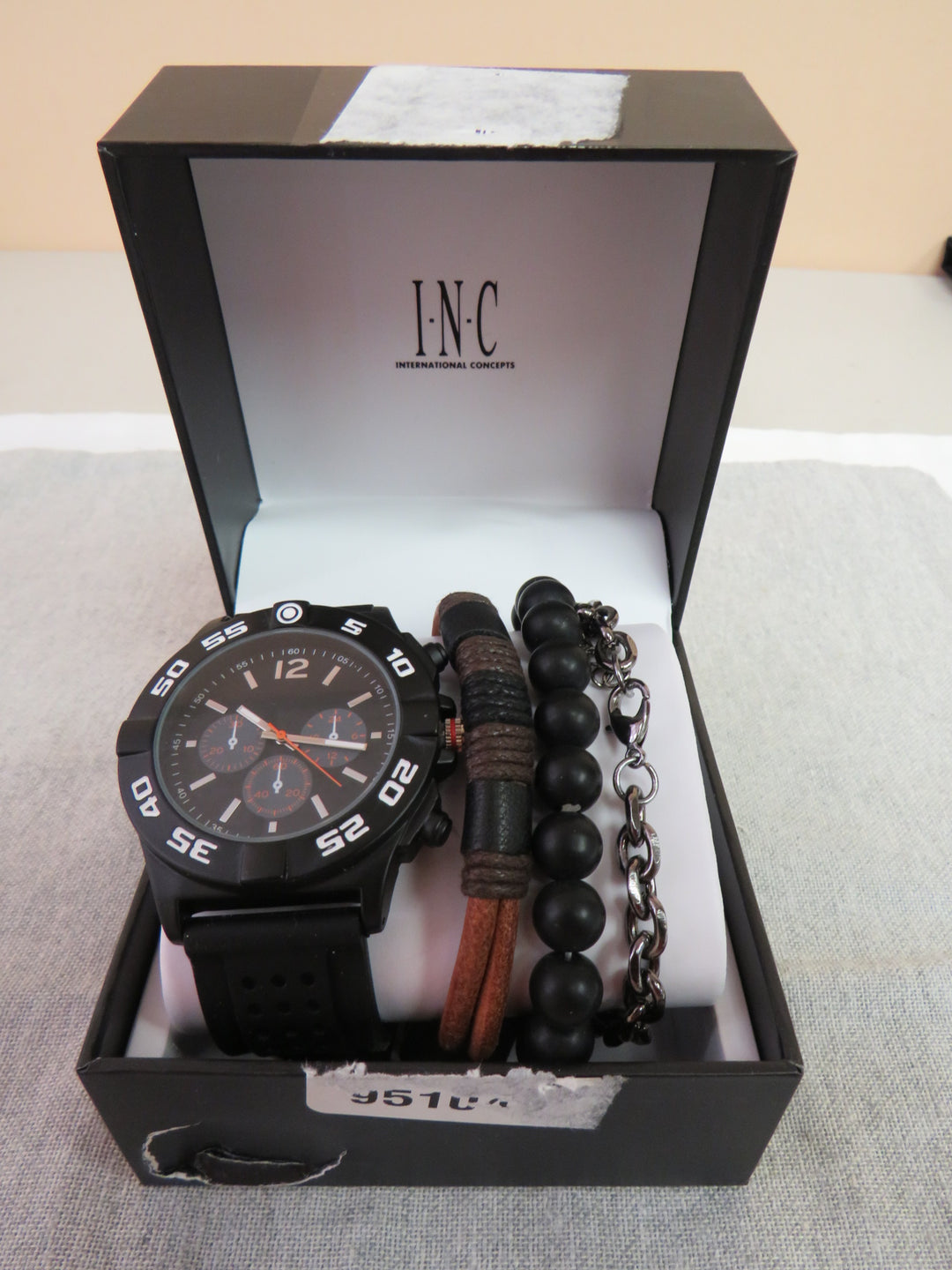 I.N.C. International Concepts Men's Black Perforated Silicone Strap Watch 49mm Gift Set