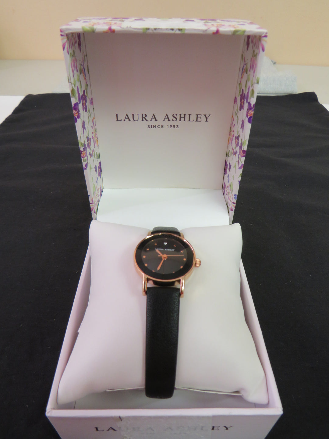 Laura Ashley Women's Black Faux Leather Strap Watch 24mm