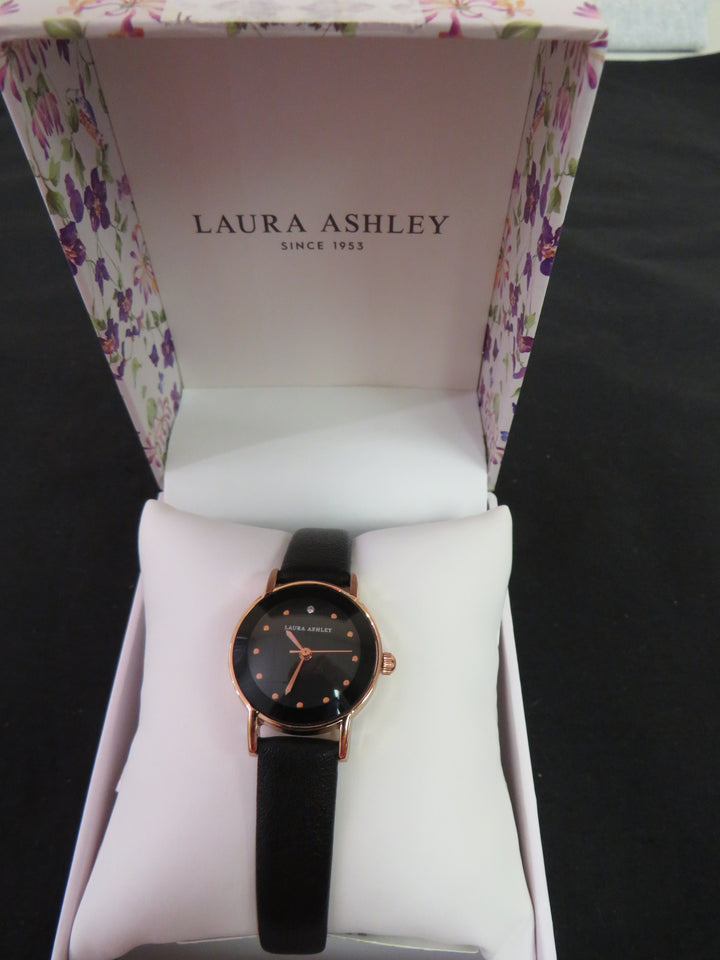 Laura Ashley Women's Black Faux Leather Strap Watch 24mm