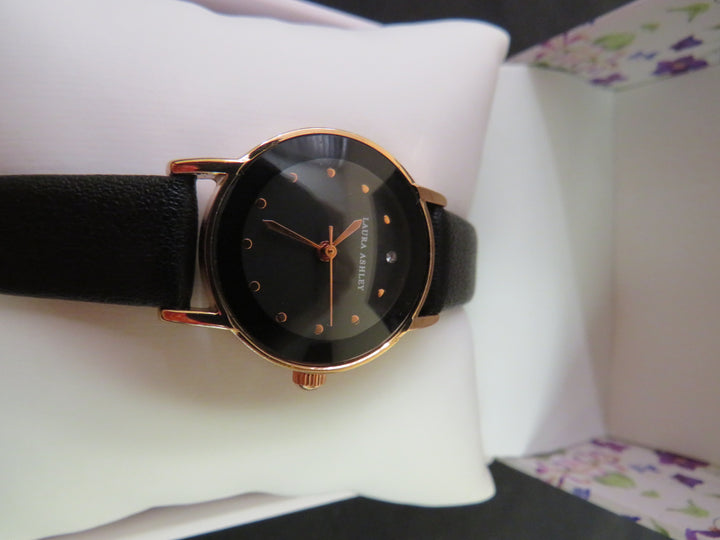 Laura Ashley Women's Black Faux Leather Strap Watch 24mm