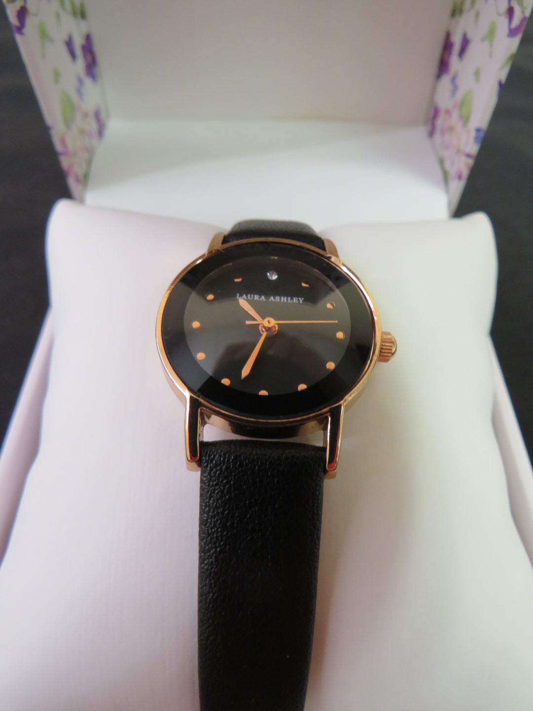 Laura Ashley Women's Black Faux Leather Strap Watch 24mm