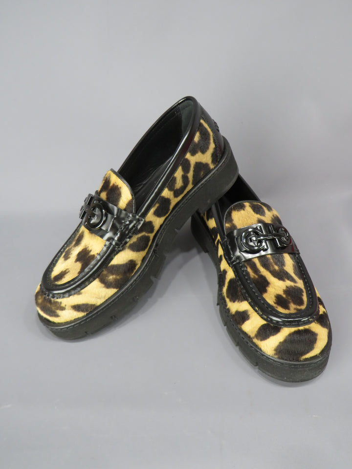 Ferragamo Ofelia Leopard Print Calf Hair Moc Toe Loafers