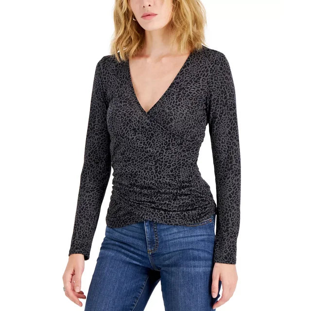 INC International Concepts Leopard Print Long Sleeve Surplice Top