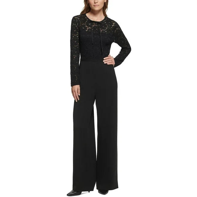 KARL LAGERFELD PARIS Lace-Bodice Bow-Neck Jumpsuit