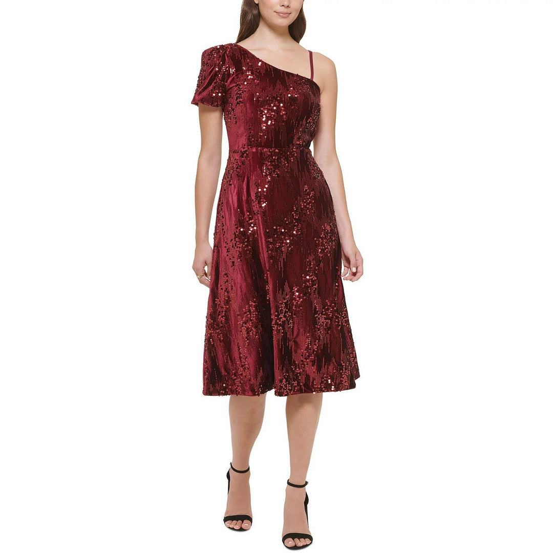 kensie One-Shoulder Fit & Flare Sequin Velvet Dress