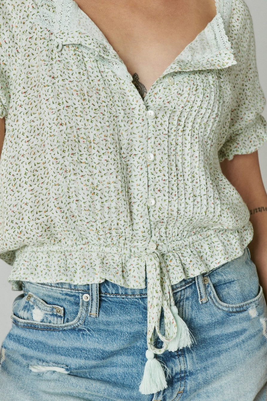 Lucky Brand Printed Button-Front Lace-Trim Top