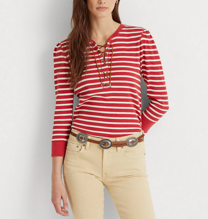 LAUREN RALPH LAUREN Striped Lace-Up Waffle-Knit Top