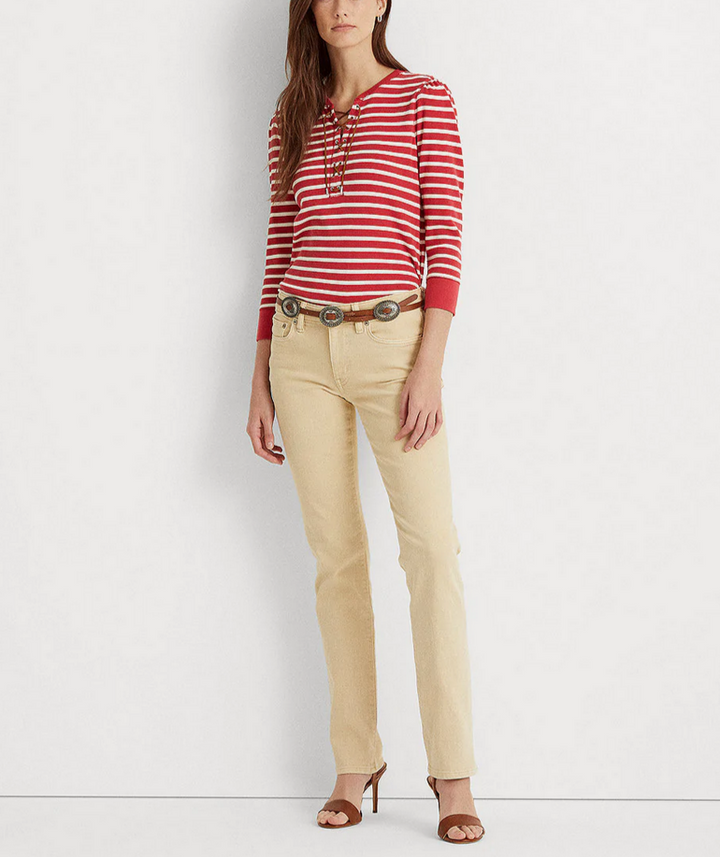 LAUREN RALPH LAUREN Striped Lace-Up Waffle-Knit Top