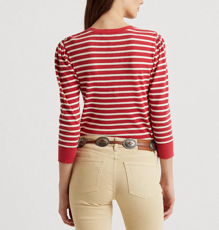 LAUREN RALPH LAUREN Striped Lace-Up Waffle-Knit Top