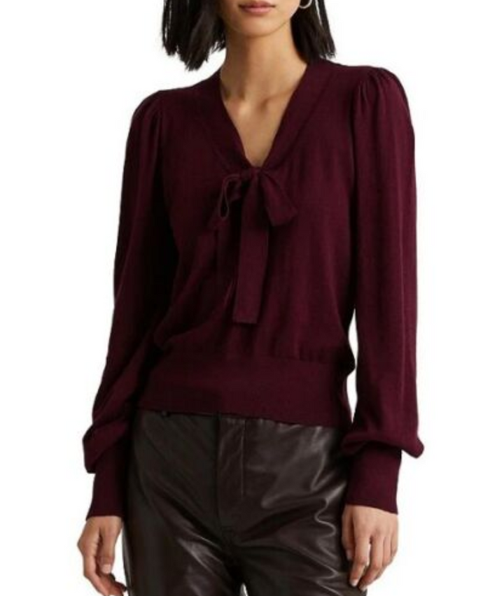 LAUREN RALPH LAUREN Tie-Up Neck Puff-Sleeve Sweater
