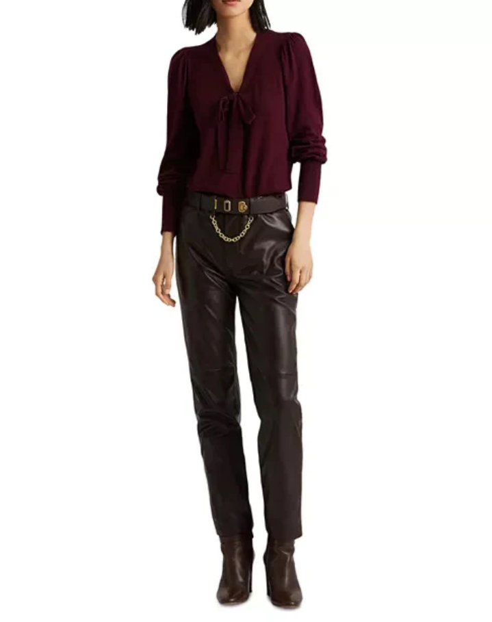 LAUREN RALPH LAUREN Tie-Up Neck Puff-Sleeve Sweater