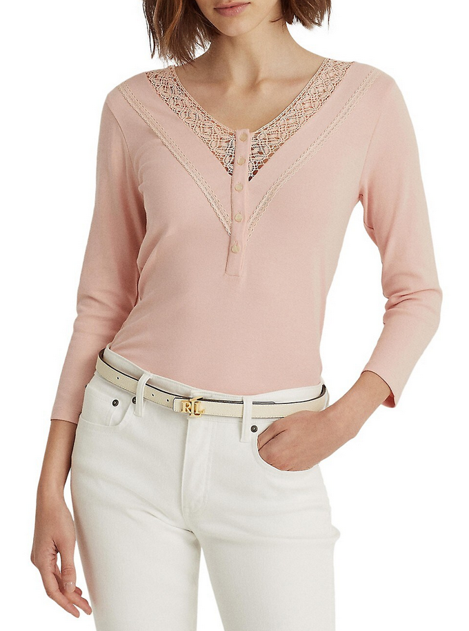 LAUREN RALPH LAUREN Lace-Trim Quarter-Placket Top