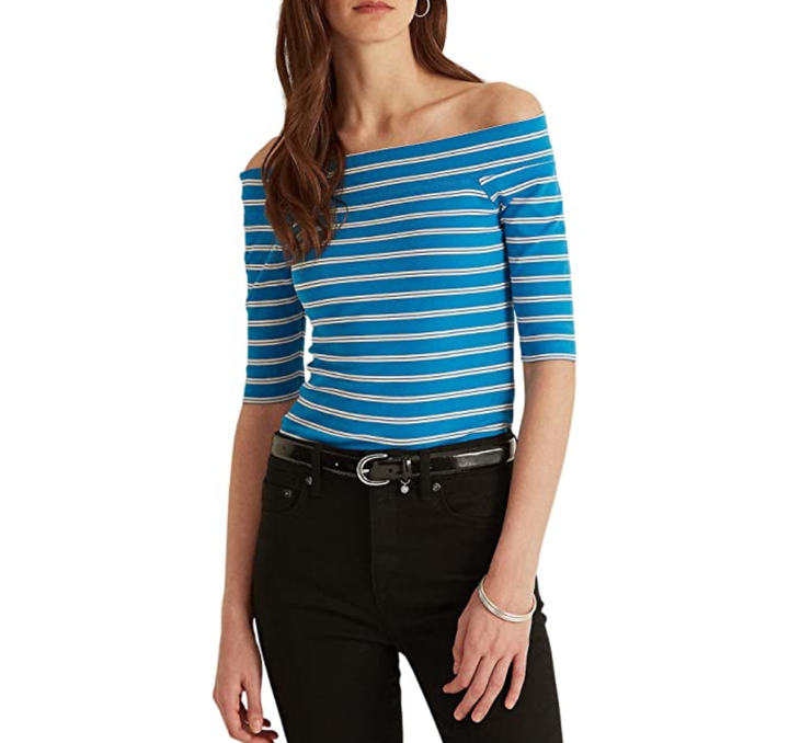Lauren Ralph Lauren Striped Off-Shoulder Stretch Cotton T-Shirt