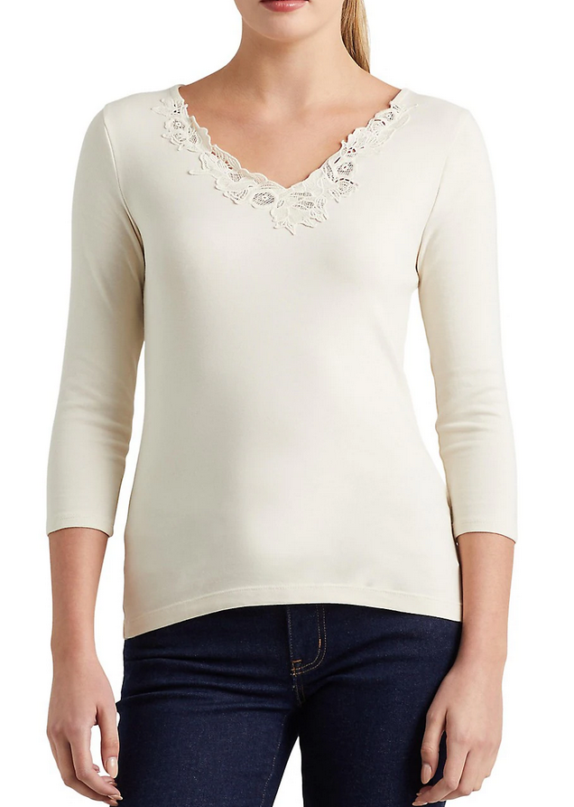 Lauren Ralph Lauren Lace-Trim Stretch-Cotton Top