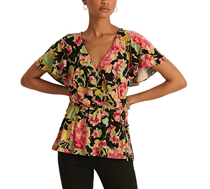 Lauren Ralph Lauren Floral Ruffle-Trim Surplice Jersey Top