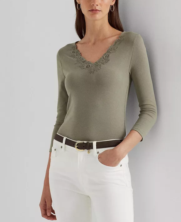 Lauren Ralph Lauren Women's Lace-Trim Stretch Cotton Top