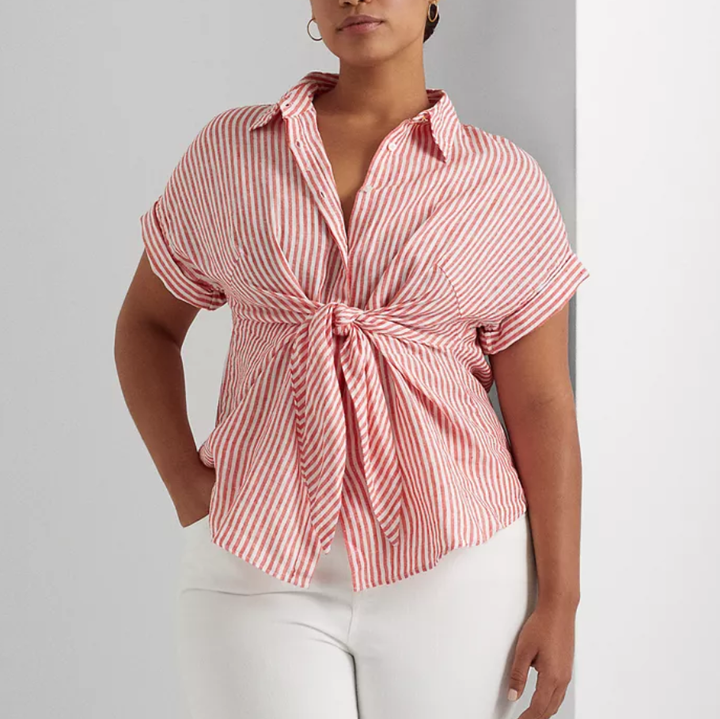 Lauren Ralph Lauren Plus-Size Striped Tie-Front Linen Shirt
