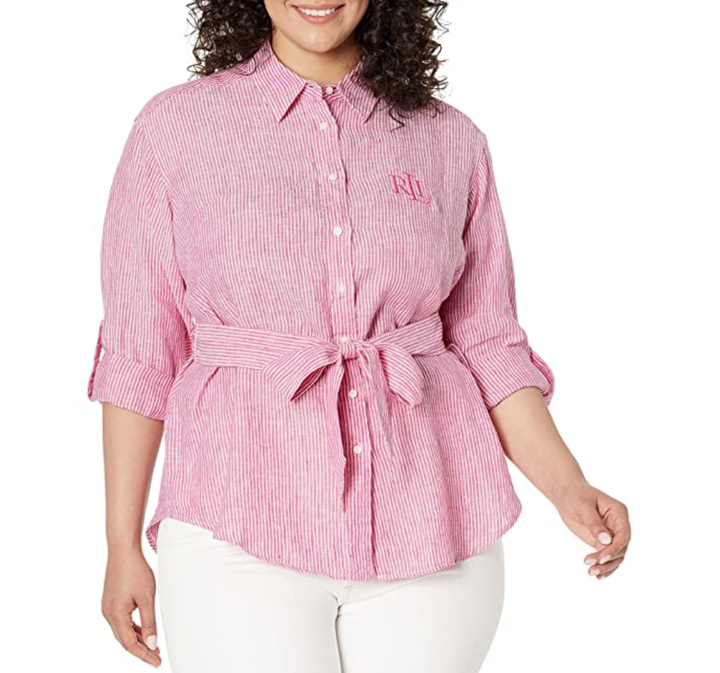 Lauren Ralph Lauren Plus-Size Striped Logo Linen Shirt