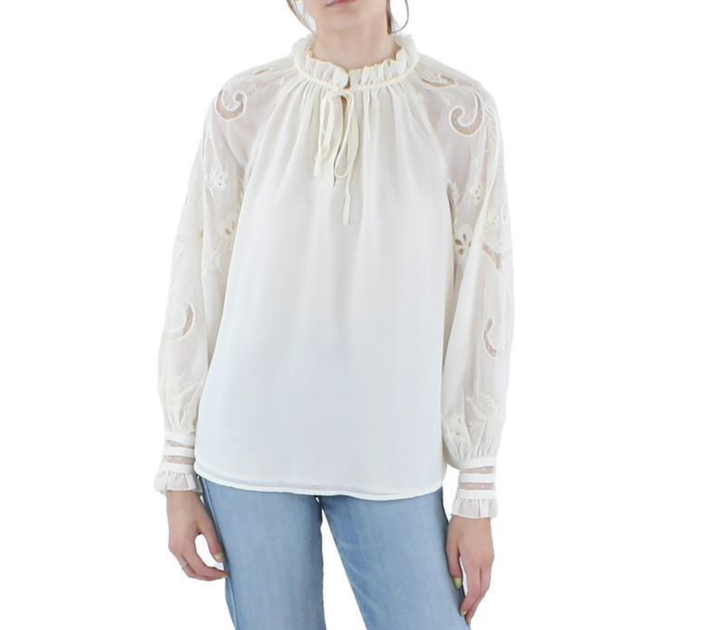 Lauren Ralph Lauren Embroidered Tie Neck Blouse