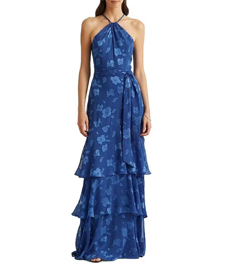 Lauren Ralph Lauren Floral Jacquard Halter Gown