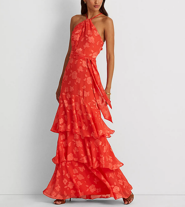 Lauren Ralph Lauren Floral Jacquard Halter Gown