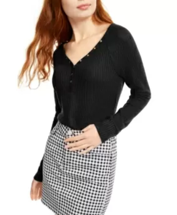 Ultra Flirt Juniors' Cozy Waffle-Knit Henley Top