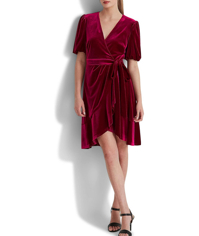 LAUREN Ralph Lauren Belted Velvet Puff-Sleeve Dress