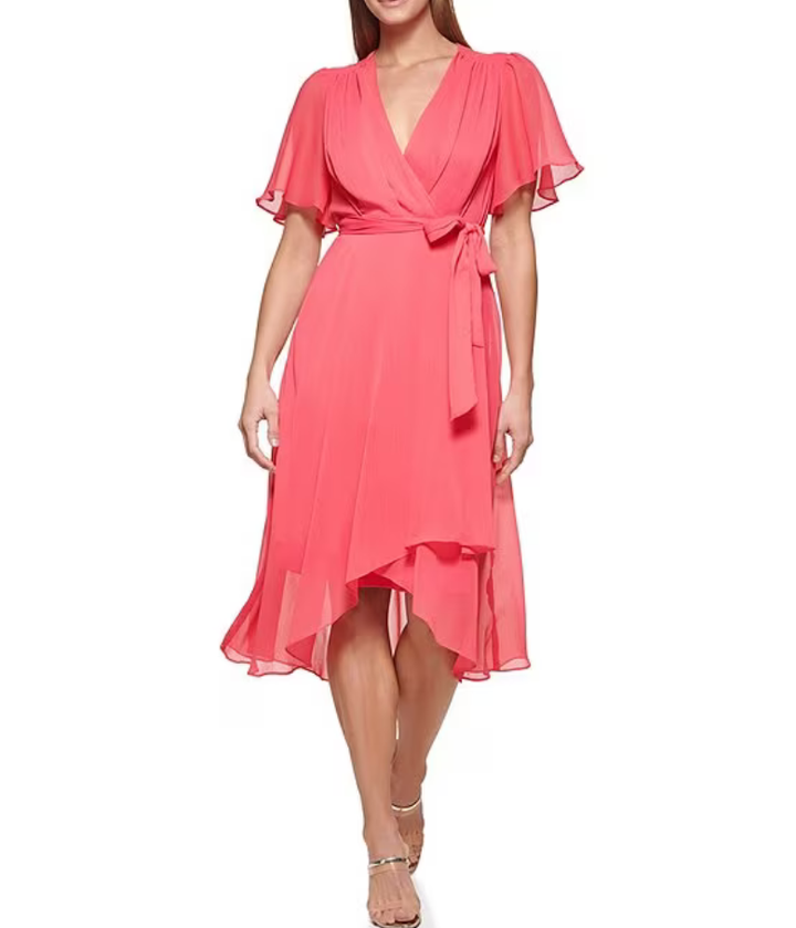 DKNY Flutter-Sleeve Faux-Wrap Dress