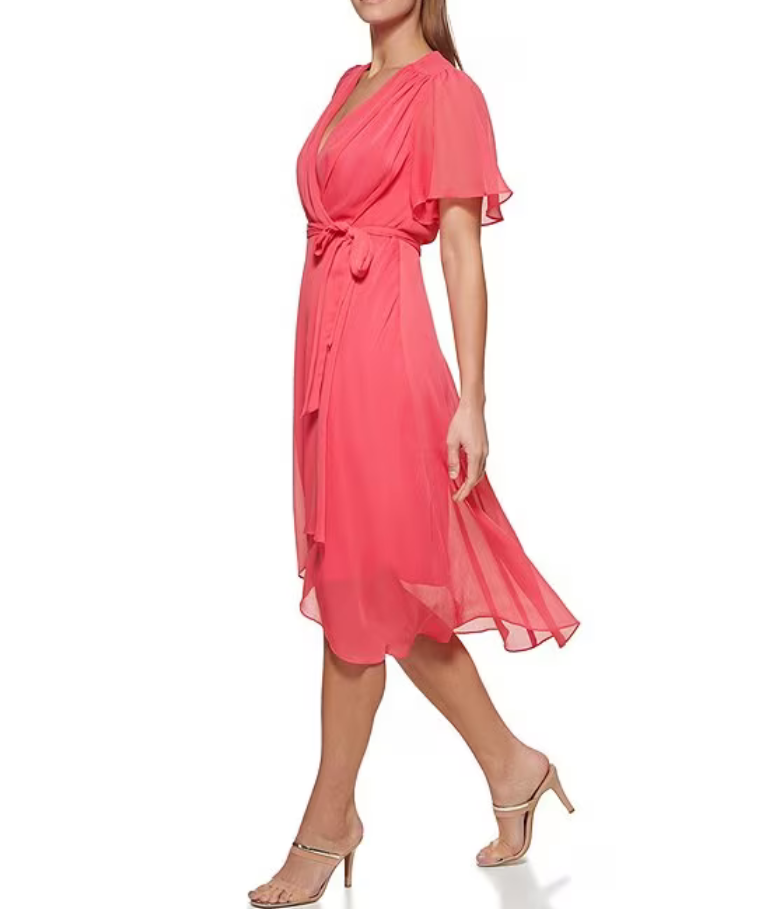 DKNY Flutter-Sleeve Faux-Wrap Dress