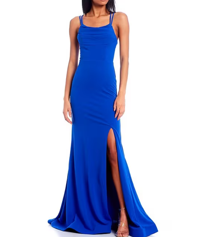 Dear Moon Juniors Drape Neck Corset Back Cut-Out Gown