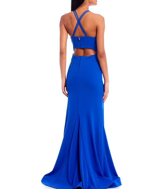 Dear Moon Juniors Drape Neck Corset Back Cut-Out Gown