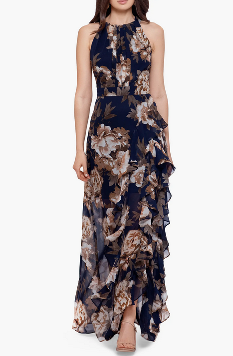 Betsy & Adam Ruffle-Trim Halter Gown